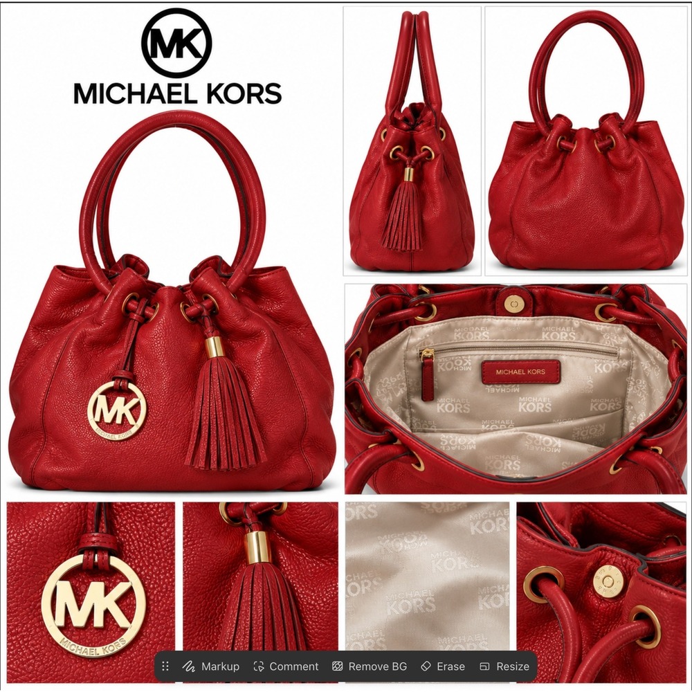 Michael Kors Camden Purse Womens Red Hobo Bag Pebbled Leather Tassel Tote Sachel